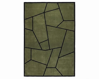 Hand Tufted Olive Green Rug, Abstract Geometric Area Rug, Modern Black Line Carpet, Contemporary Minimalist Rug, Designer Home Decor