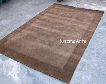 Solid Brown Wool Rug with Border, Hand Tufted Minimalist Area Rug, Modern Living Room Bedroom Floor Carpet