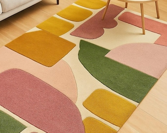 Colorful Abstract Rug | Pink Mustard Green Geometric Carpet | Modern Handmade Area Rug | Aesthetic Contemporary Home Decor for Living Room