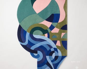 Abstract Hand Tufted Rug, Irregular Shaped Area Carpet, Modern Blue Pink Green Rug, Contemporary Art Rug, Designer Boho Home Decor