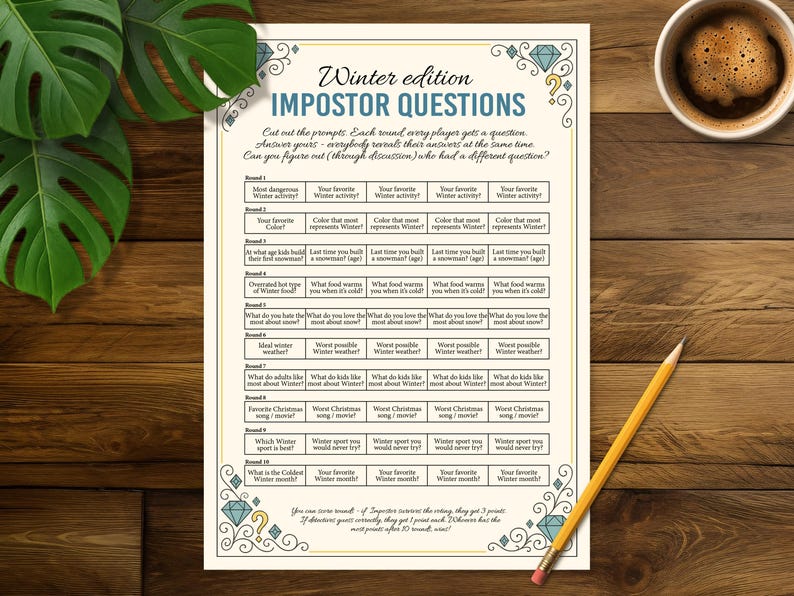 Random Imposter Topic Impostor Questions Printable PDF - Winter Edition, Fun Simple Game for ...