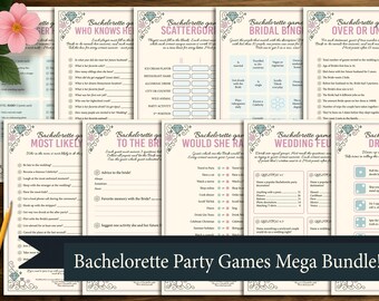 Puede incluir: Una colección de juegos imprimibles para despedidas de soltera con un diseño floral y de diamantes. Los juegos incluyen "Who Knows Her", "Scattergories", "Bridal Bingo" y más. Se muestra el texto "Bachelorette Party Games Mega Bundle!"