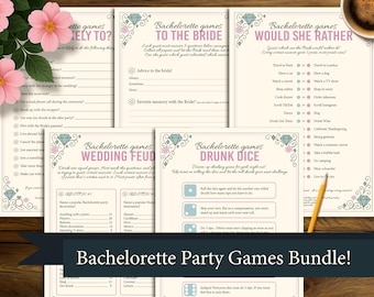 May include: A collection of printable bachelorette party games, including "Would She Rather" and "Wedding Feud", with decorative diamond and floral accents. The games are displayed on a wooden surface, with a cup of coffee and pink flowers.