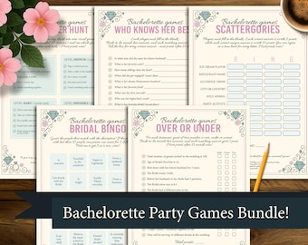 May include: A bundle of printable bachelorette party games, including "Who Knows Her Best," "Scattergories," "Bridal Bingo," and "Over or Under." The games feature a soft, neutral color palette with decorative floral and diamond accents. The bundle includes a pencil and a cup of coffee.