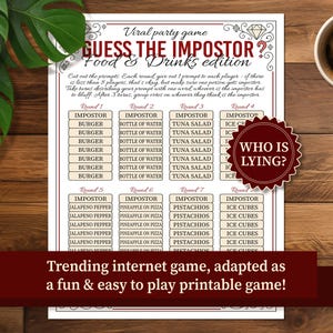 May include: Printable party game titled "Guess the Impostor? Food & Drinks edition." The game includes prompts like "Burger," "Bottle of Water," and "Tuna Salad." A coffee cup sits on a wooden surface.