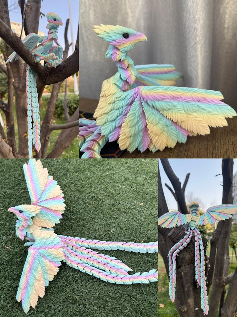 May include: A collection of colorful, articulated bird sculptures. The birds feature pastel wings, tails, and bodies in shades of blue, yellow, pink, and green. The sculptures are posed on tree branches and grass, showcasing their intricate designs.
