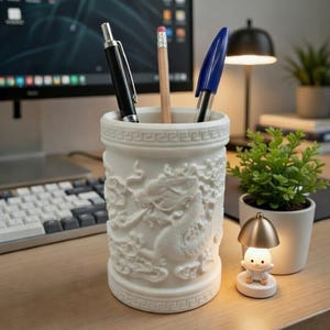 Minimalistisk drakepennhållare, 3D-tryckt skrivbordsorganisatör, kontorsinredning