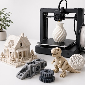 Op de afbeelding: Een zwarte 3D-printer met een witte vaas die wordt afgedrukt. Andere 3D-geprinte objecten zijn een huis, een dinosaurus, een tandwiel, een mechanisch onderdeel en een bol. Een spoel wit filament staat rechts.