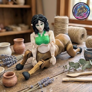 May include: A 3D-printed centaur figurine with a green top and black hair. The figurine is tan and brown, with articulated joints. The image includes small pottery, lavender, and spools of twine, suggesting a craft or fantasy theme.