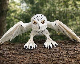 3D Printed Articulated Snowy Owl – Poseable Wings, Collector Figurine