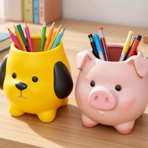 Könnte beinhalten: Ein gelber Schreibtisch-Organizer in Hundeform und ein rosa Schreibtisch-Organizer in Schweineform. Der Hunde-Organizer hat schwarze Ohren und eine schwarze Nase. Der Schweine-Organizer hat eine rosa Schnauze und Ohren. Beide halten bunte Stifte und Bleistifte.