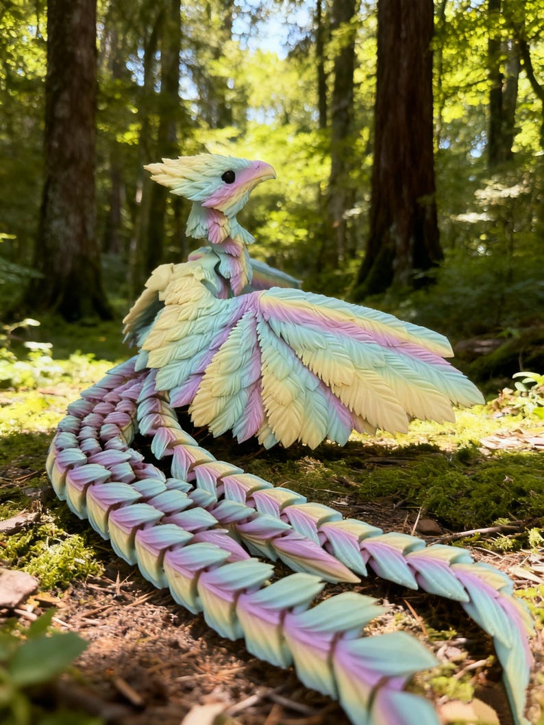 May include: A pastel-colored, articulated dragon figurine with a feathered design. The dragon features a rainbow of colors, including yellow, pink, blue, and green. The figurine is posed in a natural outdoor setting, surrounded by trees and moss.