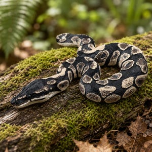 May include: A coiled snake figurine featuring a black base color with irregular, textured cream-colored patches along its body. The sculpture has a detailed, realistic scale pattern and a defined head shape, capturing the appearance of a ball python.