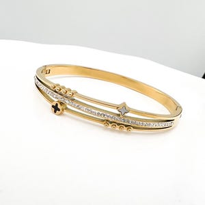 Gold Clover Bangle Bracelet, 18K Plated Stainless Steel, Cubic Zirconia, Stackable