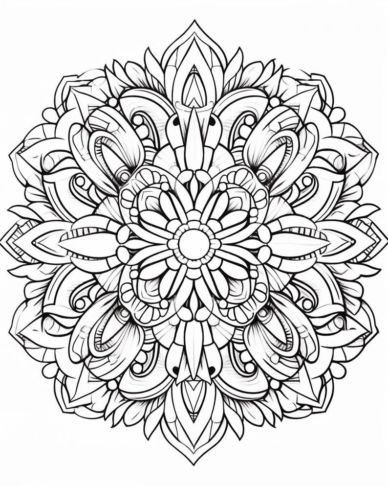 May include: A black and white circular mandala design featuring symmetrical floral and geometric patterns. The intricate line art consists of repeating petal shapes, curved lines, and pointed edges radiating from a central circle.