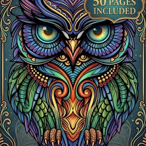 Puede incluir: Ilustración vibrante y detallada de un búho con patrones intrincados y una rica paleta de colores. El búho presenta tonos de azul, verde, morado y dorado. El texto "50 PAGES INCLUDED" se muestra en un banner con bordes dorados. La obra de arte está enmarcada con detalles dorados ornamentados.
