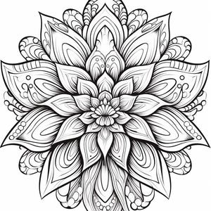May include: A black and white line art illustration of a symmetrical flower with multiple layers of pointed petals. The design features intricate, flowing curves and detailed patterns within each petal, radiating from a central point.