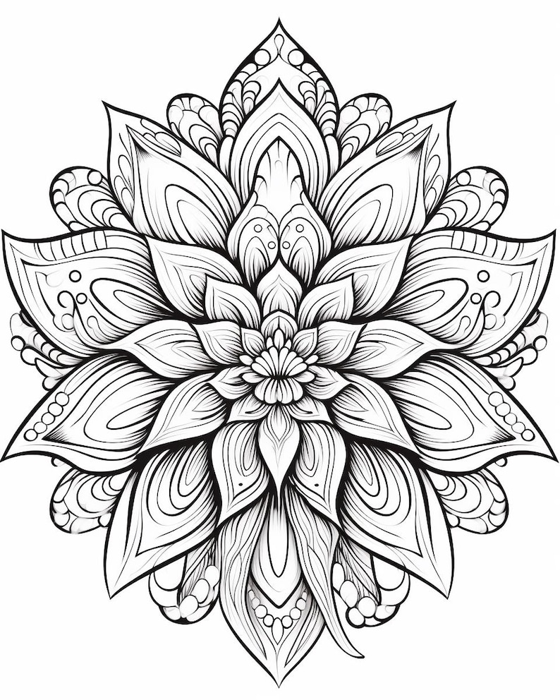 May include: A black and white line art illustration of a symmetrical flower with multiple layers of pointed petals. The design features intricate, flowing curves and detailed patterns within each petal, radiating from a central point.