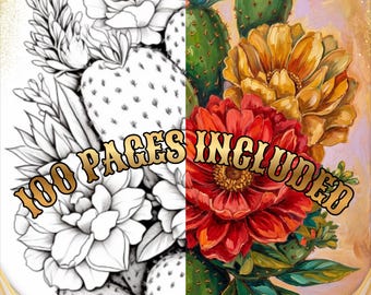 May include: A split-view illustration featuring a black and white line art drawing of cacti and flowers on the left and a vibrant, full-color painted version of the same botanical arrangement on the right, with the text 100 PAGES INCLUDED.