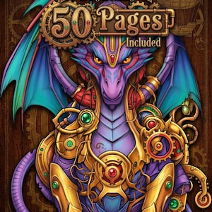 50 Page Steampunk Dragon Coloring Book, Mechanical Fantasy Art (Digital Download)
