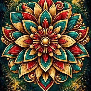 May include: A symmetrical mandala illustration featuring layered petals in shades of gold, teal, and red. The central circular element is surrounded by radiating floral shapes, all set against a dark teal background with gold speckles.