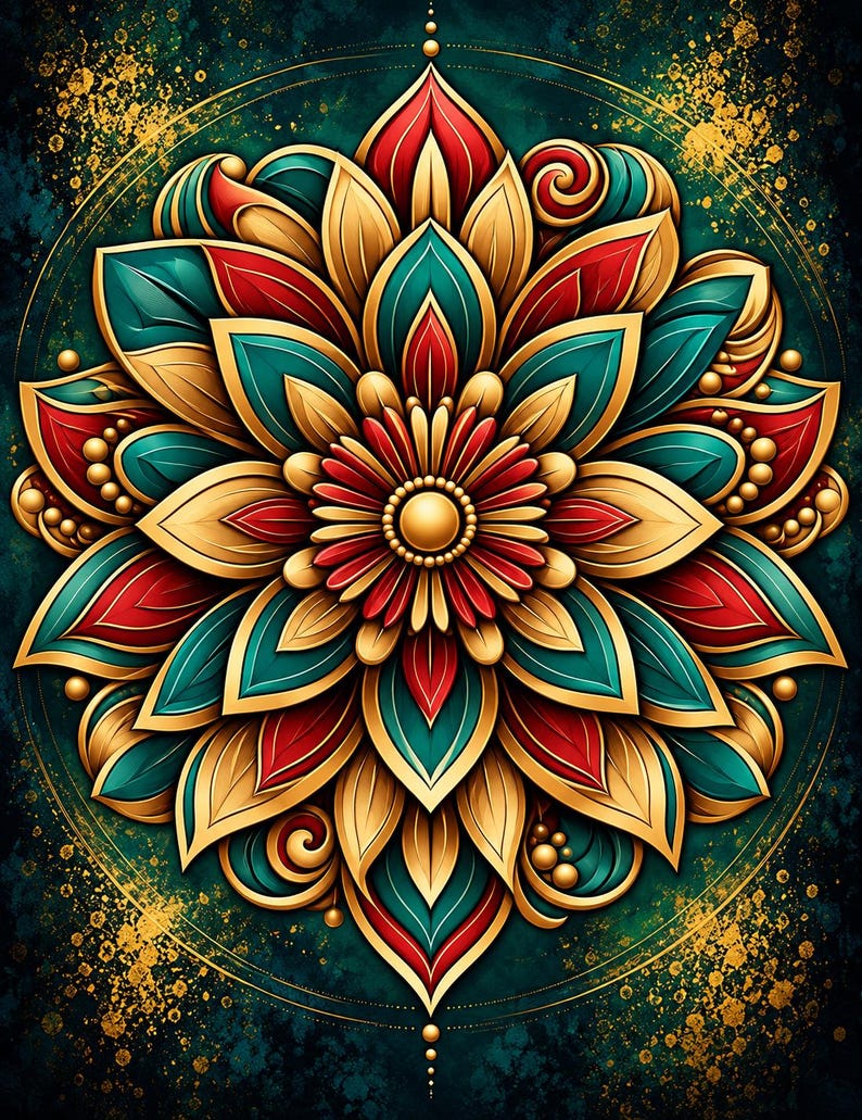 May include: A symmetrical mandala illustration featuring layered petals in shades of gold, teal, and red. The central circular element is surrounded by radiating floral shapes, all set against a dark teal background with gold speckles.