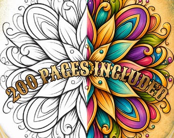 May include: A circular mandala design split vertically, with the left side featuring black and white line art and the right side displaying vibrant, multi-colored floral petals in shades of yellow, teal, purple, and pink. Text reads 200 PAGES INCLUDED.