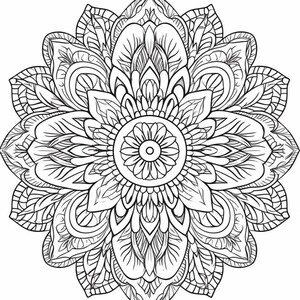 May include: A black and white line art illustration of a circular mandala design. The pattern features a central flower-like core surrounded by symmetrical layers of intricate petals, curved lines, and geometric shapes in a radial layout.