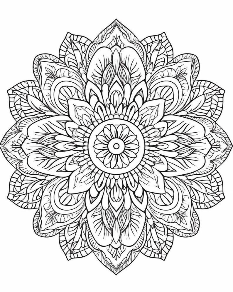 May include: A black and white line art illustration of a circular mandala design. The pattern features a central flower-like core surrounded by symmetrical layers of intricate petals, curved lines, and geometric shapes in a radial layout.