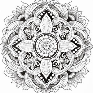 May include: A black and white circular mandala drawing featuring a central flower-like motif surrounded by symmetrical layers of intricate petals, curved lines, and dotted patterns, all rendered with bold ink outlines on a white background.