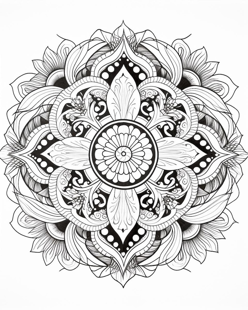 May include: A black and white circular mandala drawing featuring a central flower-like motif surrounded by symmetrical layers of intricate petals, curved lines, and dotted patterns, all rendered with bold ink outlines on a white background.