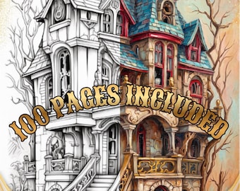 May include: A split-view illustration of a multi-story house with a staircase, featuring a black and white line art side and a full-color painted side. The text 100 PAGES INCLUDED is overlaid across the center of the image in gold lettering.