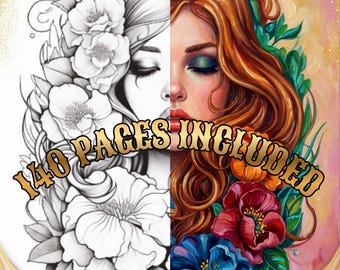 May include: A split-view illustration featuring a black and white line art drawing on the left and a vibrant, full-color painted version on the right, both depicting a face surrounded by flowers. The text 140 PAGES INCLUDED is centered.