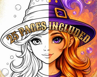 May include: A split-view illustration of a witch character, with the left side in black and white line art and the right side in full color. The text 25 PAGES INCLUDED is centered across the image. The witch wears a pointed hat and has long hair.