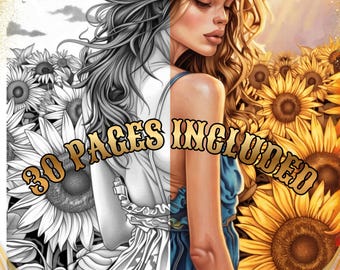 May include: A split-view illustration featuring a black and white line art side and a full-color side of a person with long hair standing in a sunflower field. The text 30 PAGES INCLUDED is overlaid across the center of the image.