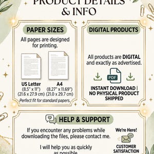 May include: An informational graphic titled PRODUCT DETAILS & INFO. It outlines paper sizes including US Letter 8.5 inches by 11 inches and A4 8.27 inches by 11.69 inches. It specifies digital products are instant downloads with no physical items.