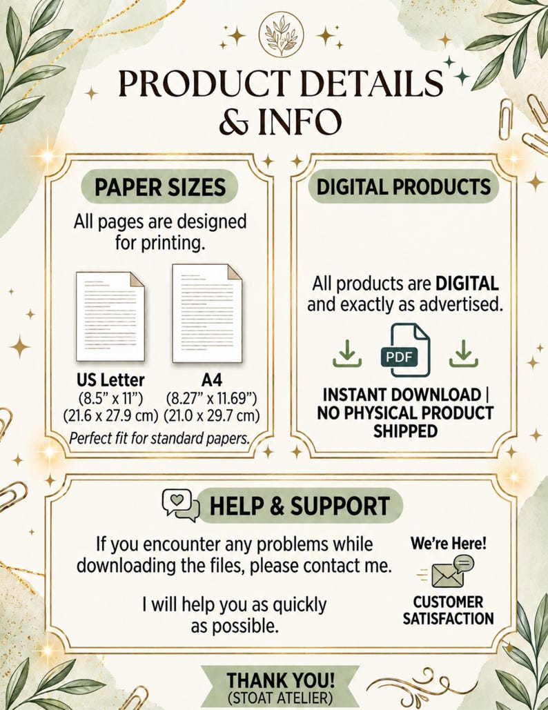 May include: An informational graphic titled PRODUCT DETAILS & INFO. It outlines paper sizes including US Letter 8.5 inches by 11 inches and A4 8.27 inches by 11.69 inches. It specifies digital products are instant downloads with no physical items.