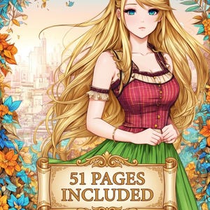 Peut inclure: Illustration de style anime d'une femme aux longs cheveux blonds, aux yeux bleus, vêtue d'un haut à carreaux rouges et d'une jupe verte. L'image comprend le texte "51 PAGES INCLUDED" sur une bannière en forme de parchemin, entourée de fleurs colorées.