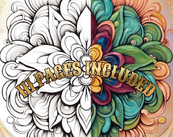 May include: A circular mandala design split into two halves. The left side features black line art on a white background, while the right side displays the same pattern in vibrant shades of teal, orange, and purple. The text 111 PAGES INCLUDED is centered.