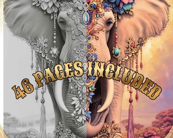 May include: A split-view illustration of an elephant adorned with ornate jewelry and floral headpieces. The left side is in grayscale, while the right side features vibrant colors. The text 46 PAGES INCLUDED is centered across the image.