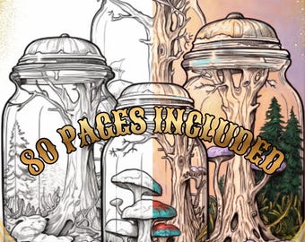 May include: A coloring book page featuring three glass jars containing detailed illustrations of trees and mushrooms. The left side is in black and white line art, while the right side is colored. The text 80 PAGES INCLUDED is centered.