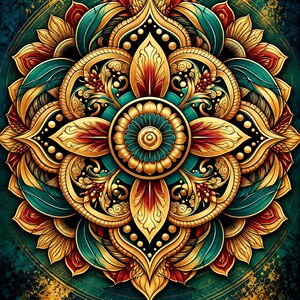 May include: A circular mandala artwork featuring intricate symmetrical patterns in shades of gold, teal, and deep red. The design consists of layered floral-like petals, swirling filigree, and a central medallion set against a dark, textured background.