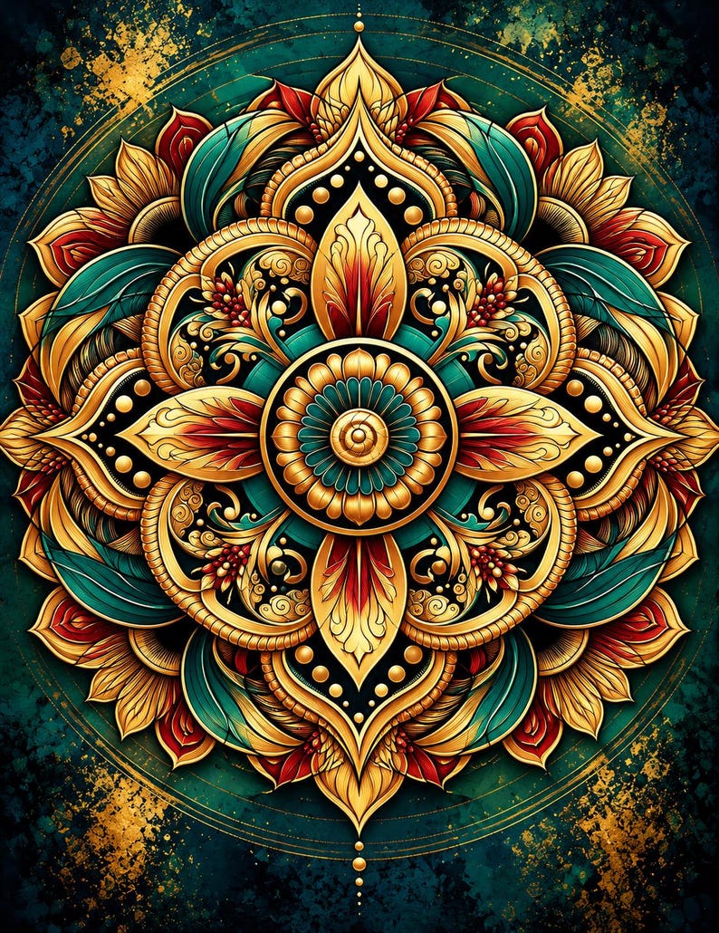 May include: A circular mandala artwork featuring intricate symmetrical patterns in shades of gold, teal, and deep red. The design consists of layered floral-like petals, swirling filigree, and a central medallion set against a dark, textured background.