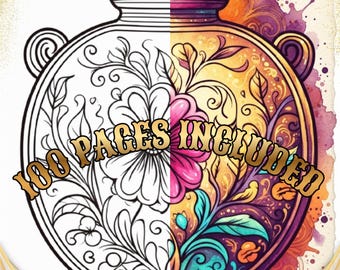 May include: A split-design graphic featuring a decorative jar with floral patterns. The left side is a black and white line drawing, while the right side is a vibrant, colorful watercolor illustration. The text 100 PAGES INCLUDED is centered.