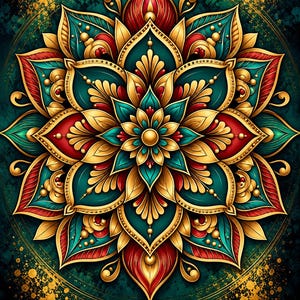 May include: A symmetrical mandala illustration featuring layered petals in deep teal, vibrant red, and metallic gold. The central circular design is surrounded by a dark teal background with gold paint splatters and a thin circular border.