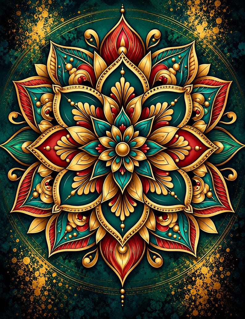 May include: A symmetrical mandala illustration featuring layered petals in deep teal, vibrant red, and metallic gold. The central circular design is surrounded by a dark teal background with gold paint splatters and a thin circular border.