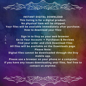 May include: A digital download instruction graphic with a watercolor background in shades of blue and purple. The text outlines the process for accessing digital files on Etsy, including steps to sign in, navigate to purchases, and download files.