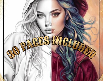 May include: A split-view illustration of a person wearing a hooded sweatshirt. The left side is a black and white line drawing, while the right side is a full-color version with blue and purple hair. The text 30 PAGES INCLUDED is centered.
