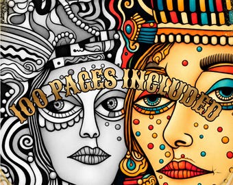 Relaxing Weird Steampunk Couple Coloring Book 100 Pages Victorian Fantasy Digital Download for Adults
