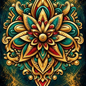 May include: A symmetrical mandala illustration featuring a central star motif surrounded by layered, pointed petals in gold, deep teal, and crimson red. The intricate design includes swirling filigree accents and beaded details.